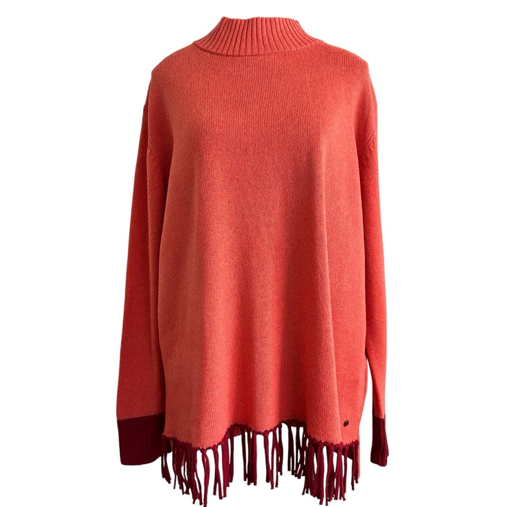 Olsen Cozy Cowl Neck Sweater with Fringe Hem - Orange size L